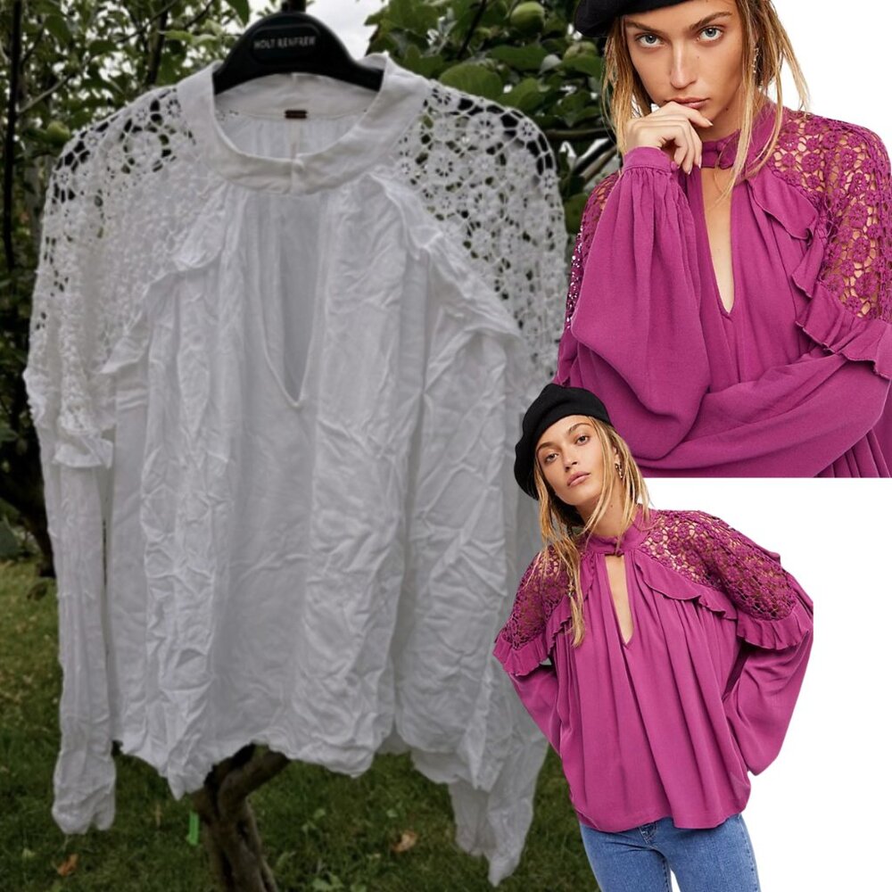 FREE PEOPLE Little Bit of Love White Ruffled Blouse Top, Sz L